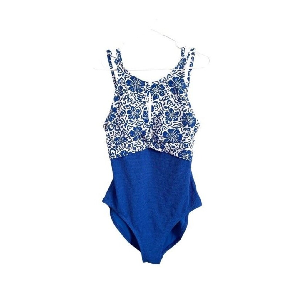 Tommy Bahama Island Cays Hibiscus High Neck One Piece swimsuit blue white Sz 6